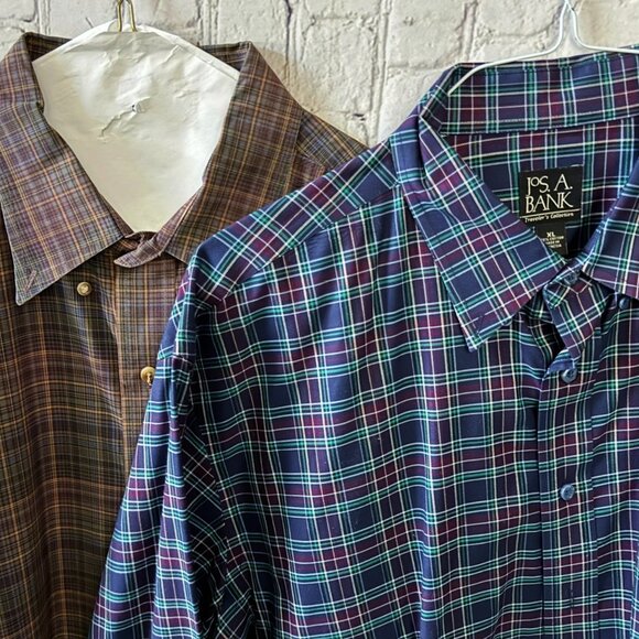 Lot of 2 Jos A Bank Mens Blue Plaid Traveler's Collection Cotton Dress Shirt XL - Picture 2 of 4